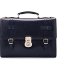 Leather Cambridge satchel briefcase with silver brass lock, navy, front
