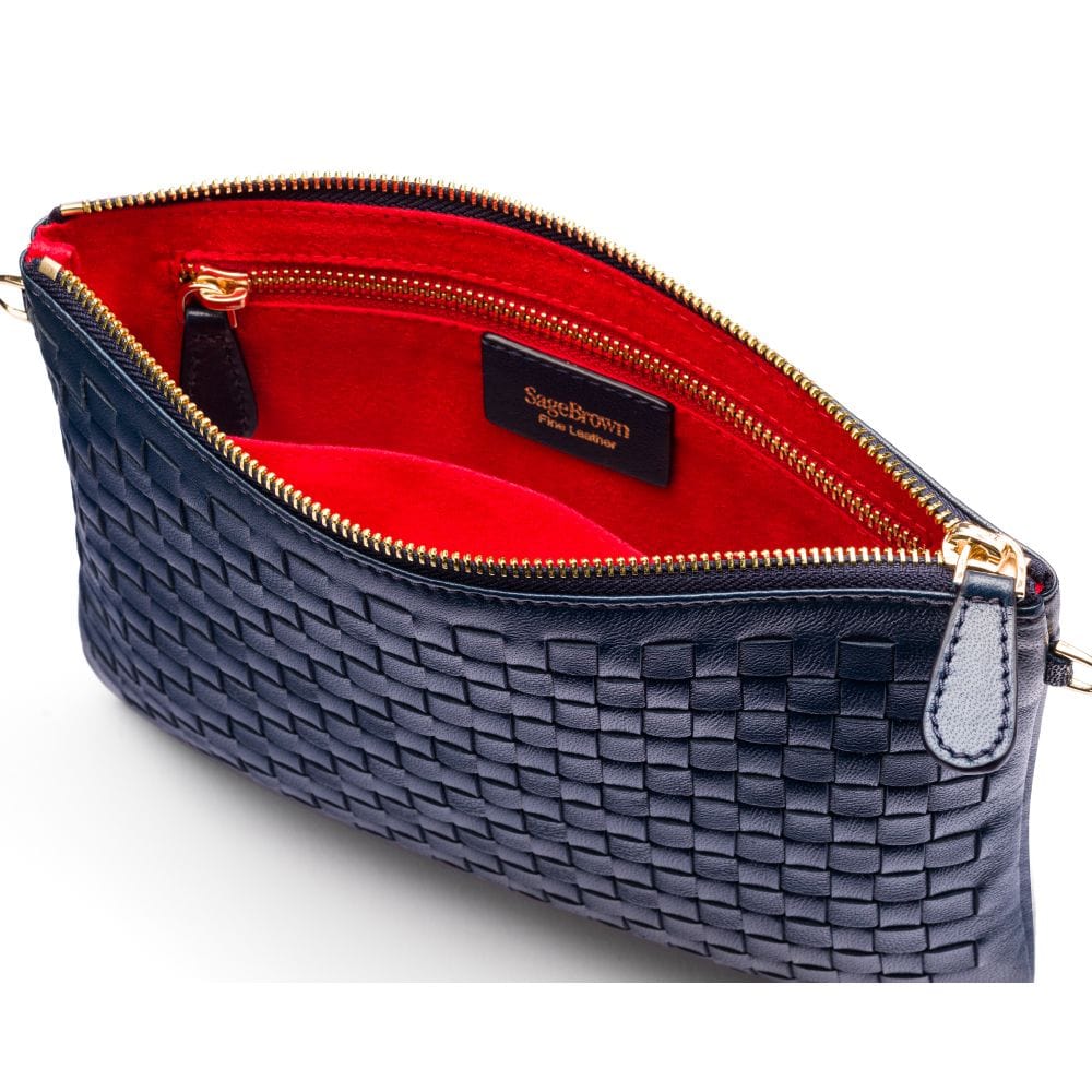 Leather woven cross body bag, navy, inside