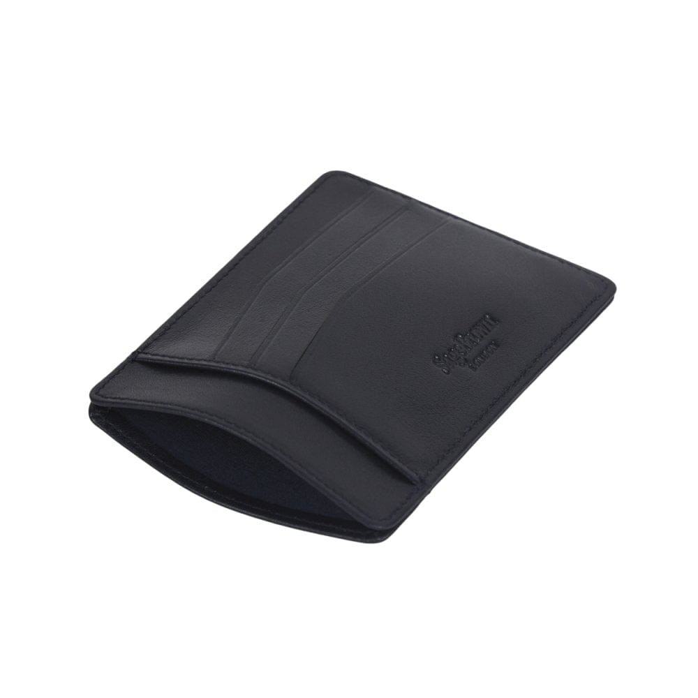 Flat leather credit card holder, navy, open