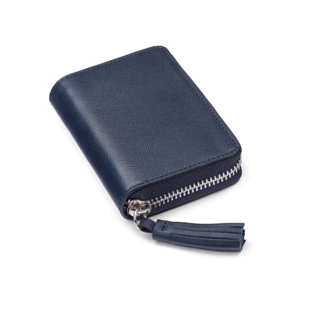 Navy Saffiano Zip Around Accordion Coin Purse With Tassel