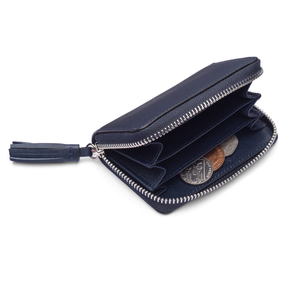 Navy Saffiano Zip Around Accordion Coin Purse With Tassel