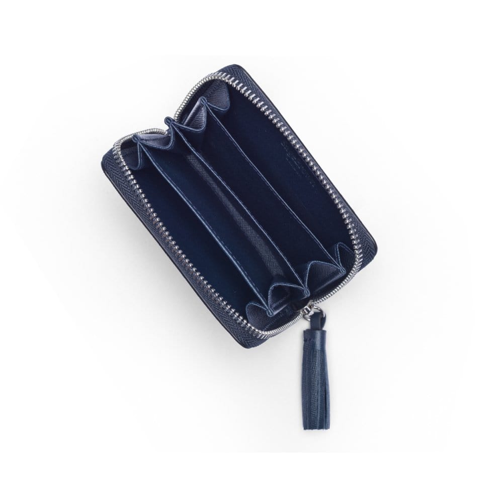 Navy Saffiano Zip Around Accordion Coin Purse With Tassel