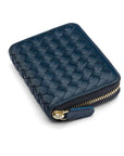 Small zip around woven leather accordion purse, navy, front