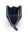 Small zip around woven leather accordion purse, navy, open