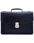 Leather briefcase with silver brass lock, Harvard vintage look, navy, front