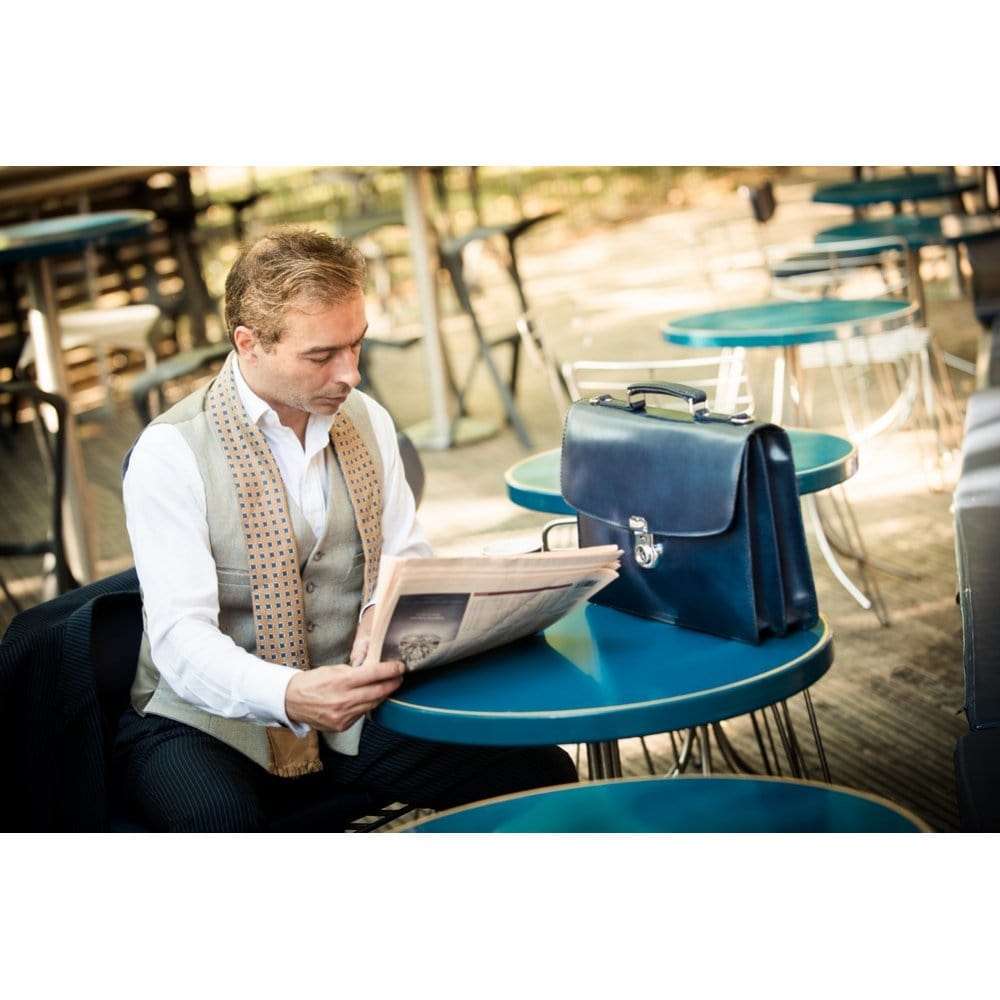 Leather briefcase with silver brass lock, Harvard vintage look, navy, lifestyle