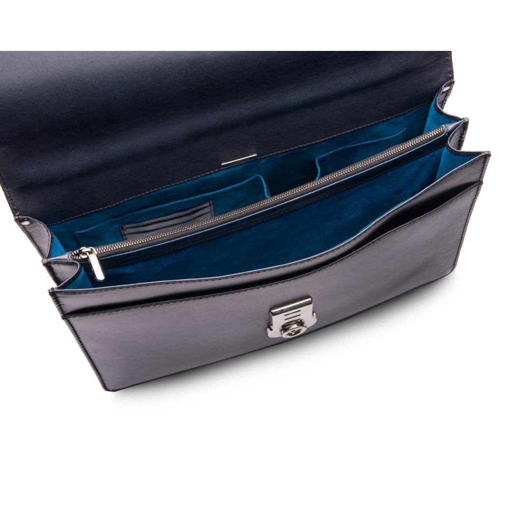 Leather briefcase with silver brass lock, Harvard vintage look, navy, inside