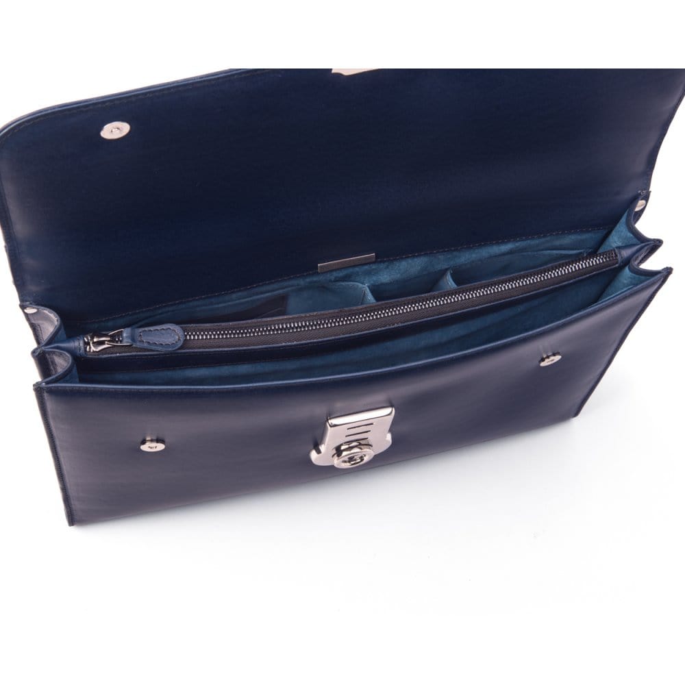 Navy Vintage Leather Wall Street Briefcase With Silver Brass Lock