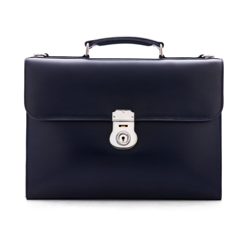 Navy Vintage Leather Wall Street Briefcase With Silver Brass Lock