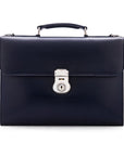 Navy Vintage Leather Wall Street Briefcase With Silver Brass Lock