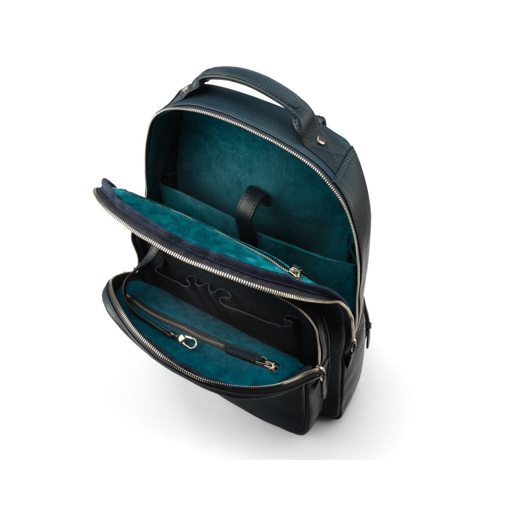 Men's leather 15" laptop backpack, navy pebble grain, inside