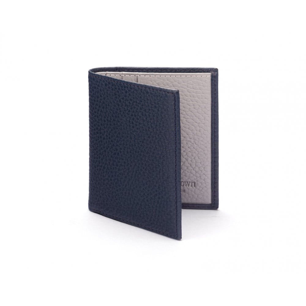 RFID leather wallet with 4 CC, navy with grey, front