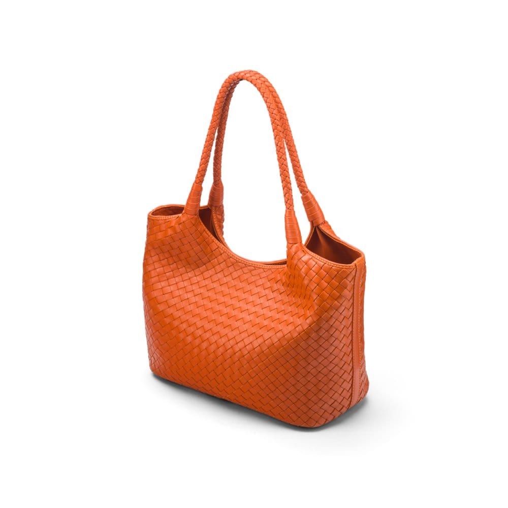 Woven leather shoulder bag, orange, side