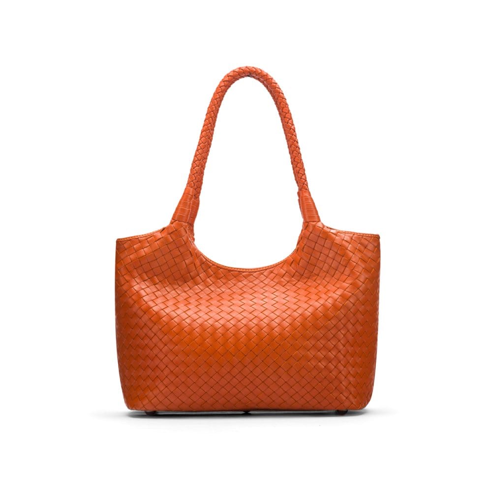 Woven leather shoulder bag, orange, front