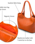 Woven leather shoulder bag, orange, features