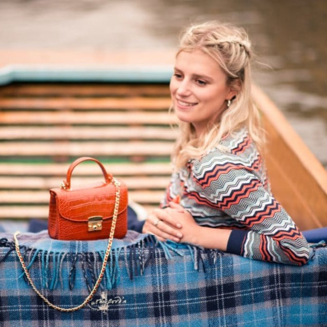 Small leather top handle bag, orange croc, lifestyle