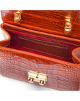 Small leather top handle bag, orange croc, inside