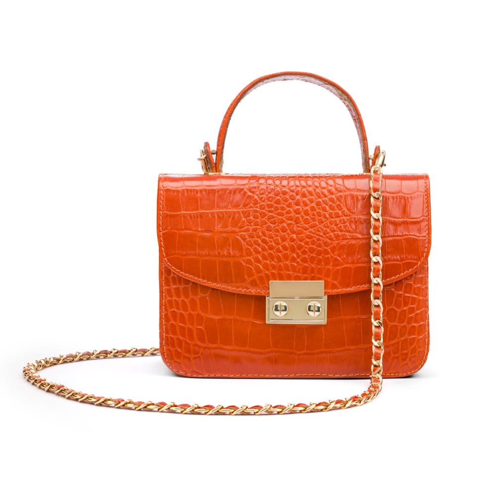 Small leather top handle bag, orange croc, chain strap