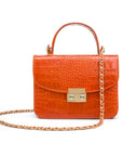 Small leather top handle bag, orange croc, chain strap