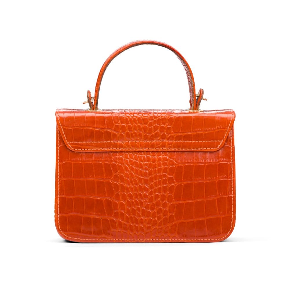 Small leather top handle bag, orange croc, back