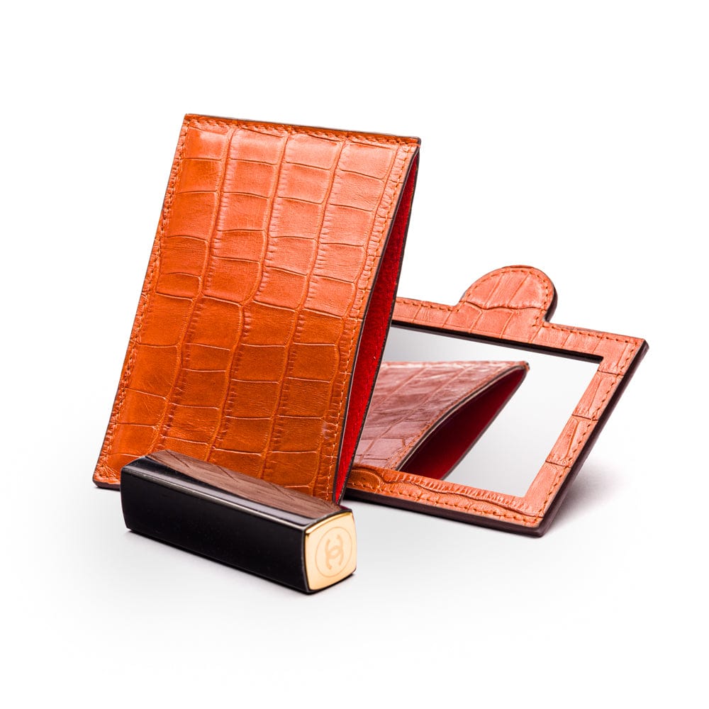 Compact leather mirror, orange croc