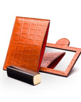 Compact leather mirror, orange croc