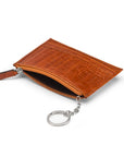 Flat leather card wallet with jotter and zip, orange croc, open