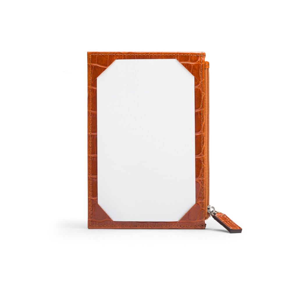 Flat leather card wallet with jotter and zip, orange croc, front