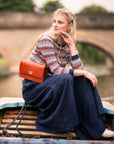 Leather chain bag, orange croc, lifestyle