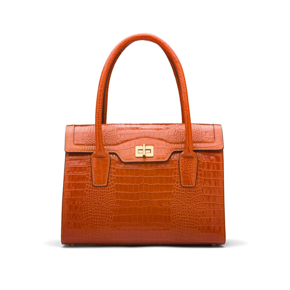 Large leather Morgan bag, orange croc, front view