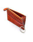 Leather card case with zip coin purse and key chain, orange croc, open