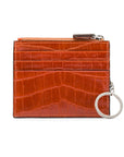 Leather card case with zip coin purse and key chain, orange croc, front