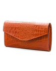 Leather accordion clutch purse with 12 card slots, orange croc, front
