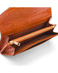Leather accordion clutch purse with 12 card slots, orange croc, inside