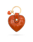 Leather heart shaped key ring, orange croc, front