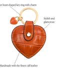 Leather heart shaped key ring, orange croc, features
