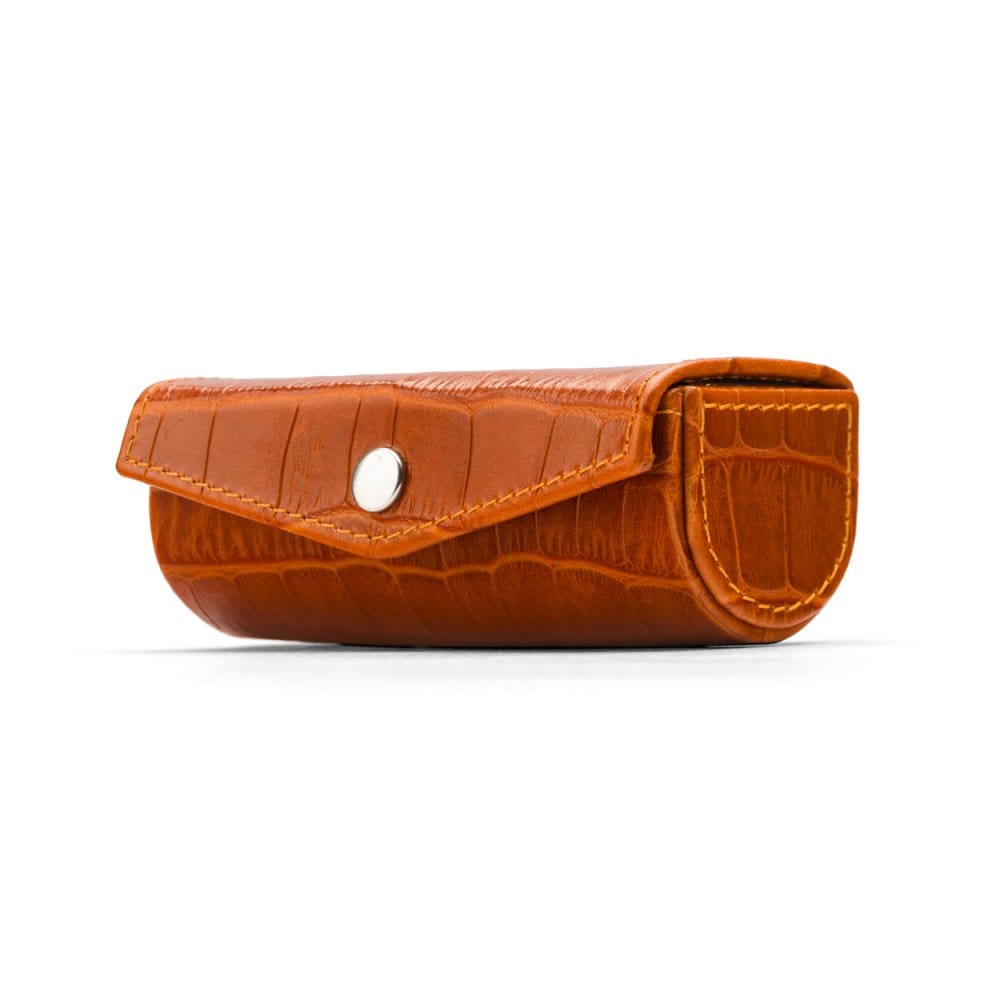 Leather lipstick case. orange croc, front