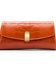 Leather clutch bag, orange croc, front view