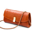 Leather clutch bag, orange croc, long chain strap