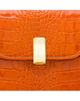 Leather top handle bag, orange croc, lock close up