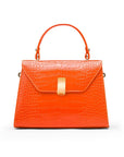 Leather top handle bag, orange croc, front view