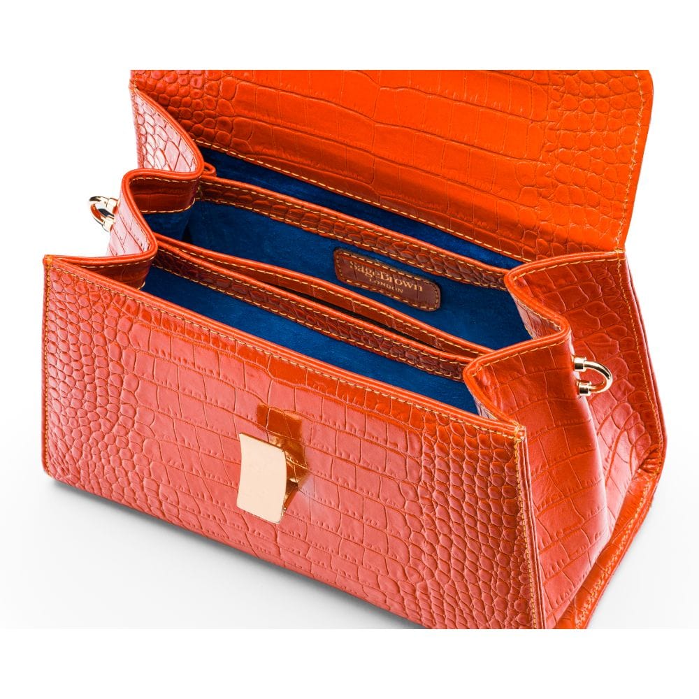 Leather top handle bag, orange croc, inside