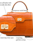 Leather signature Morgan bag, orange croc, features
