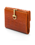 Leather purse with brass clasp, orange croc, front view