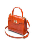 Mini leather Morgan Bag, top handle bag, orange croc, side view