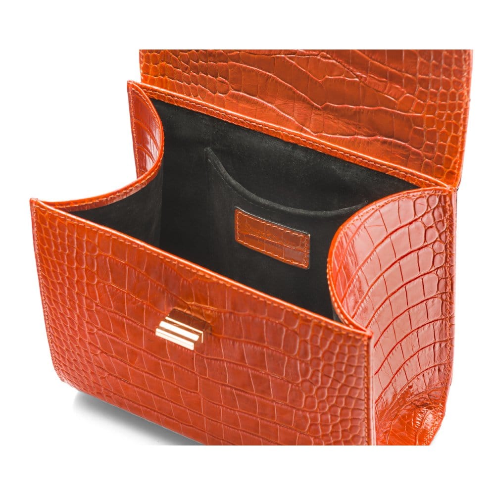 Mini leather Morgan Bag, top handle bag, orange croc, inside view