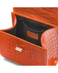 Mini leather Morgan Bag, top handle bag, orange croc, inside view