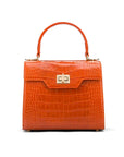 Mini leather Morgan Bag, top handle bag, orange croc, front view