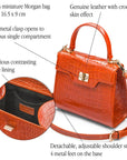 Mini leather Morgan Bag, top handle bag, orange croc, features