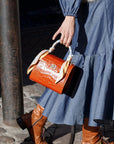 Mini leather Morgan Bag, top handle bag, orange croc, lifestyle
